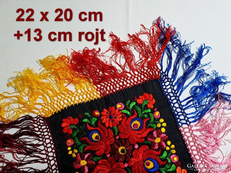Fringed tablecloth with Matyó pattern, embroidered on black silk 22 x 20 cm + fringe