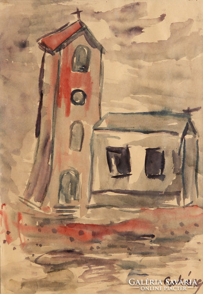 Csohány Kálmán (1925-1980) - Templom 59x45,5cm Akvarell | Kápolna