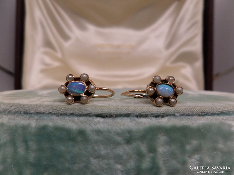 Pair of antique gold earrings with opals and pearls