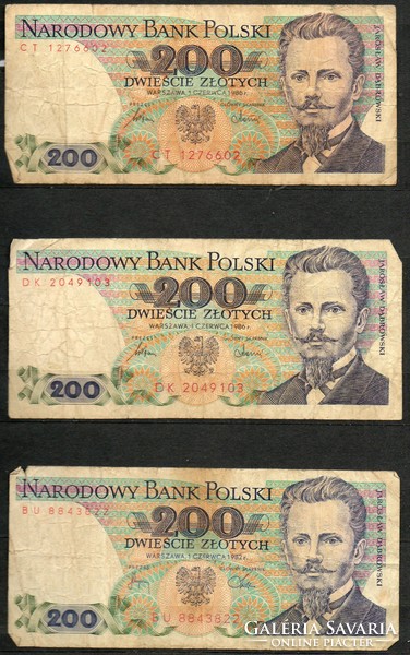 D - 294 -  Külföldi bankjegyek:  Lengyelország 1986  200 zloty   3x