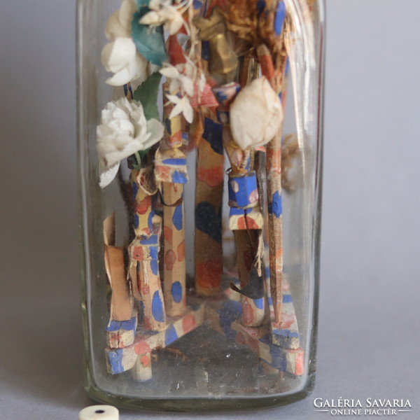 19. századi türelemüveg pincetok palackban nagy méretű /Folk Religious Art Whimsey Bottle