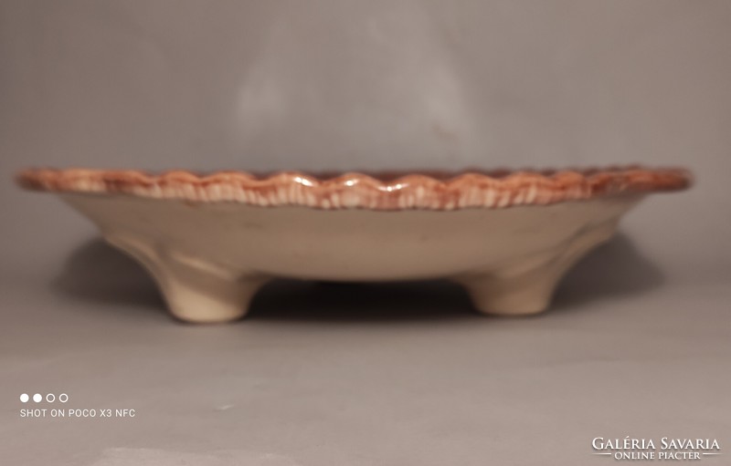 Marked ceramic majolica bowl, three-legged table centerpiece