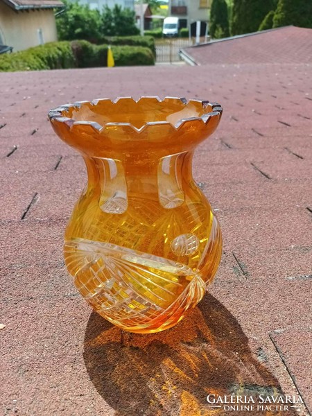 Crystal polished vase, amber colored lead crystal vase