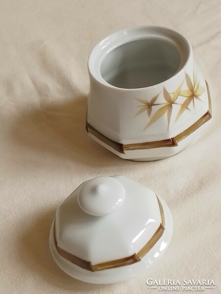 Régi bambusz mintás nyolcszögletű Winterling Bavaria porcelán bonbonier, fedeles cukortartó Hibátlan