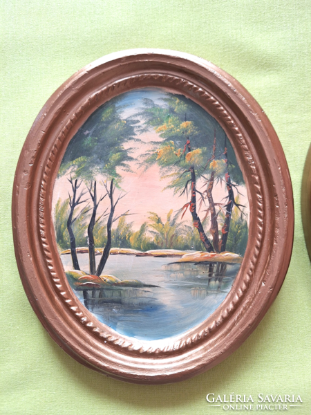 Oval frame hand-painted landscape (2 pieces)