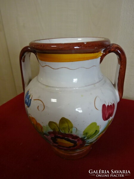 Antique glazed ceramic jug, hand painted, with two handles. Jokai.