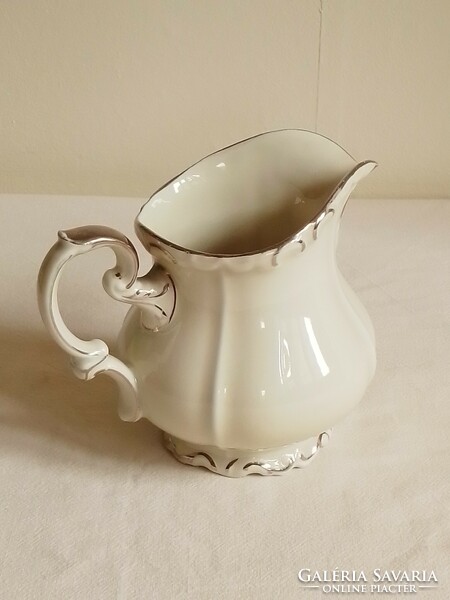 Old bone-colored glazed porcelain pouring jug, feathered with silver, edelstein bavaria Mária Theresia