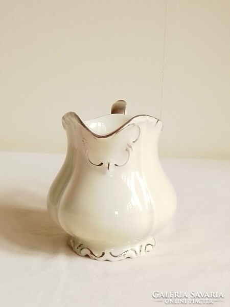 Old bone-colored glazed porcelain pouring jug, feathered with silver, edelstein bavaria Mária Theresia