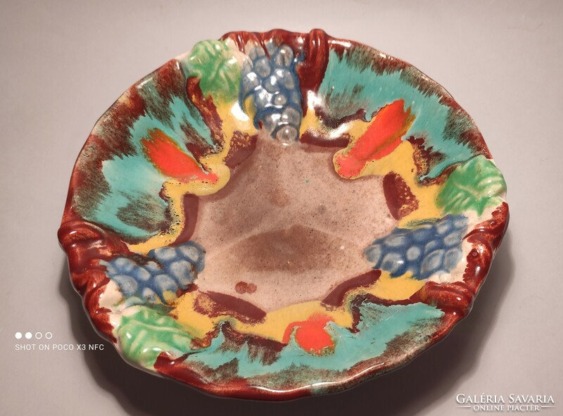 Ceramic bowl with grape pattern, majolica offering gorgeous colors