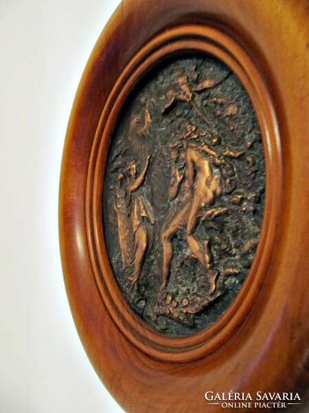 Antique copper relief wall picture, in a wooden frame