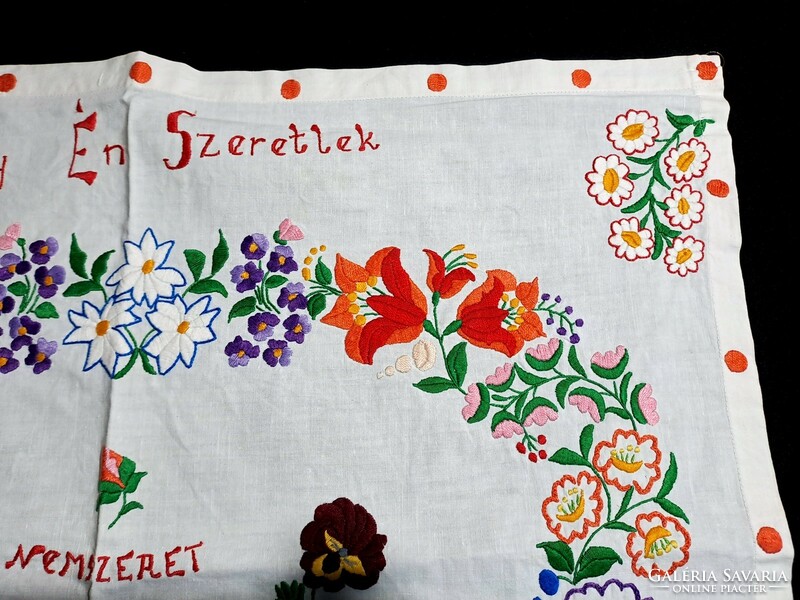 Very rare, richly embroidered with a Kalocsa pattern, old kitchen wall protector with inscription 64 x 53 cm