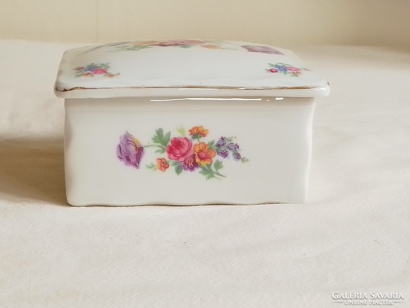 Antique old square white Czech porcelain box, victoria, flower pattern, gold border