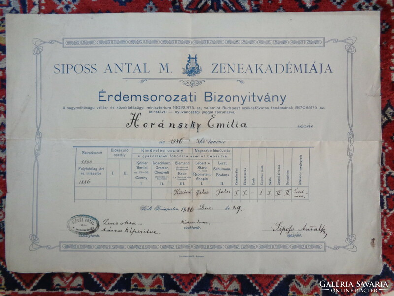 1886 Érdemsorozati Bizonyítvány ,Sipos Antal Zeneakadémiája