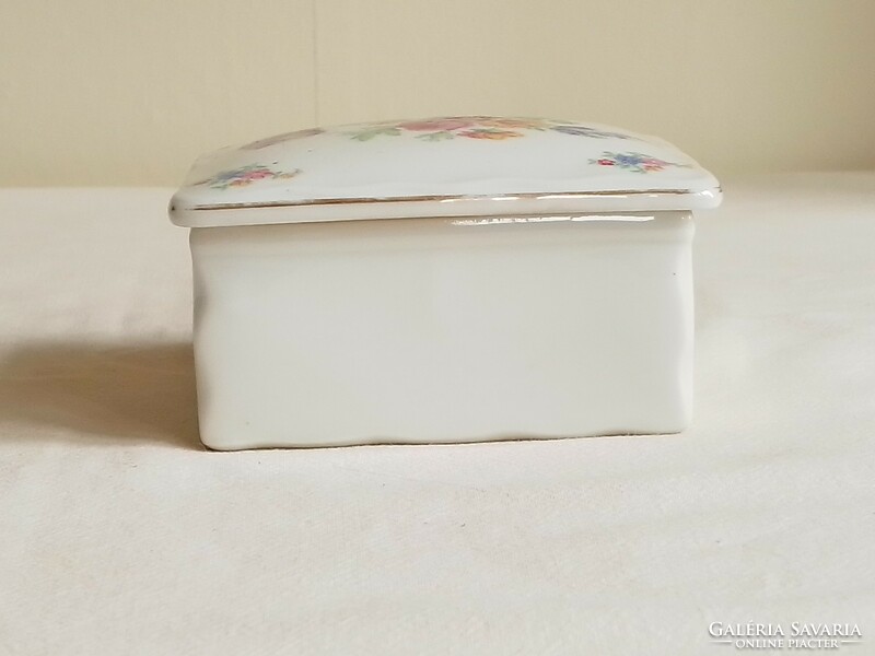 Antique old square white Czech porcelain box, victoria, flower pattern, gold border