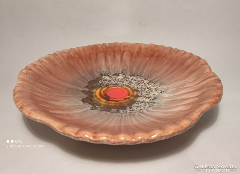 Marked ceramic majolica bowl, three-legged table centerpiece