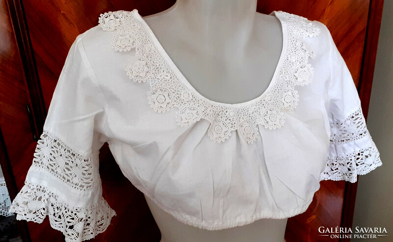 Beautiful crochet lace folk dirndl shirt, blouse.