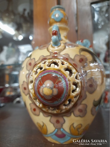 Old Zsolnay family seal, openwork Persian pattern ceramic jug. 19 Cm.