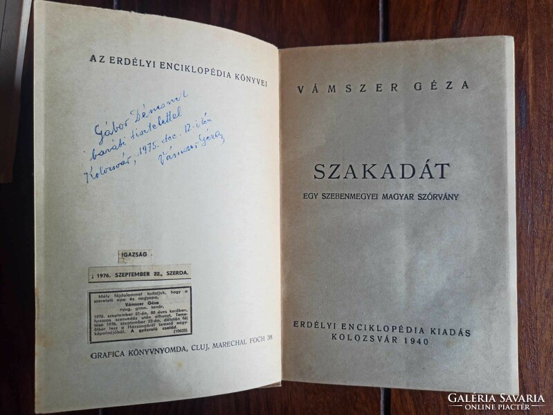Dedikált pld! Vámszer Géza: Szakadát. Egy szebenmegyei magyar szórvány. Kolozsvár 1940.