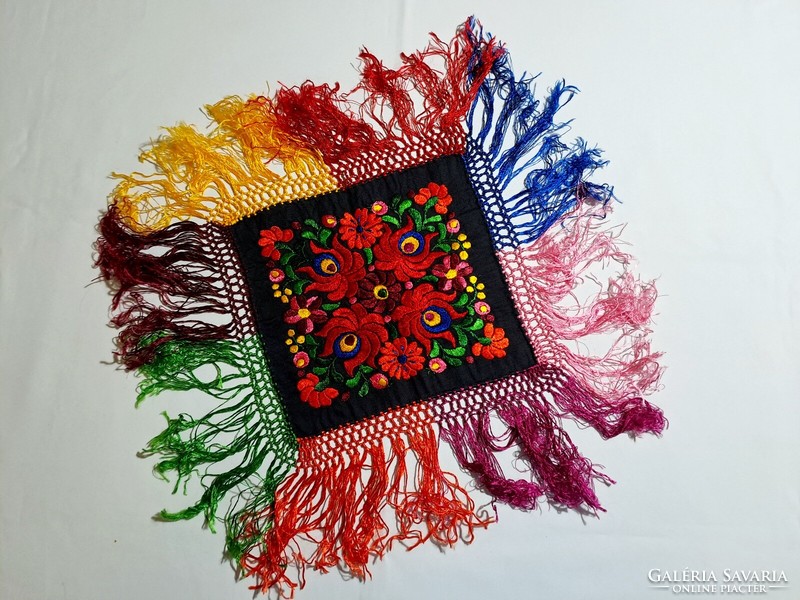 Fringed tablecloth with Matyó pattern, embroidered on black silk 22 x 20 cm + fringe