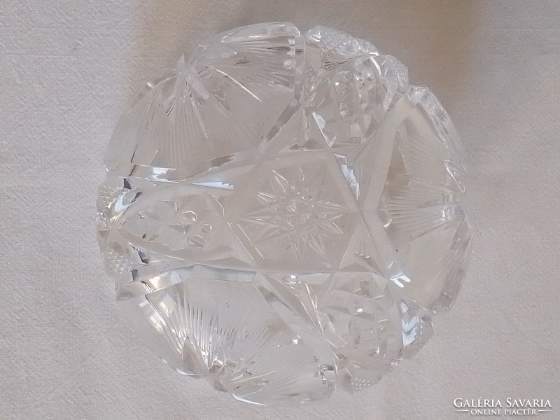 Old polished incised crystal bowl bonbonier jewelry holder with very beautiful, special star patterns