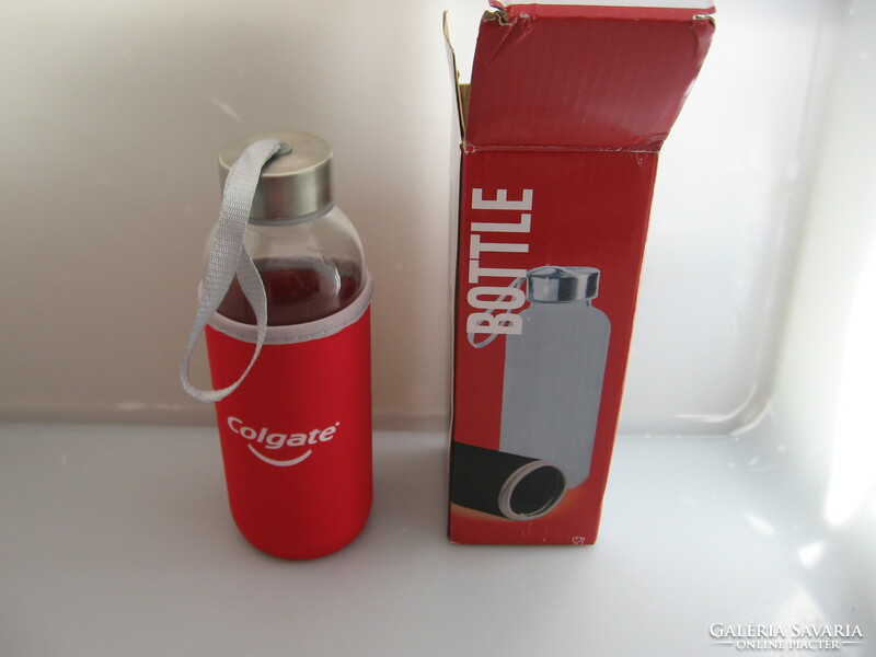 Glass bottle, water bottle in a red neoprene case