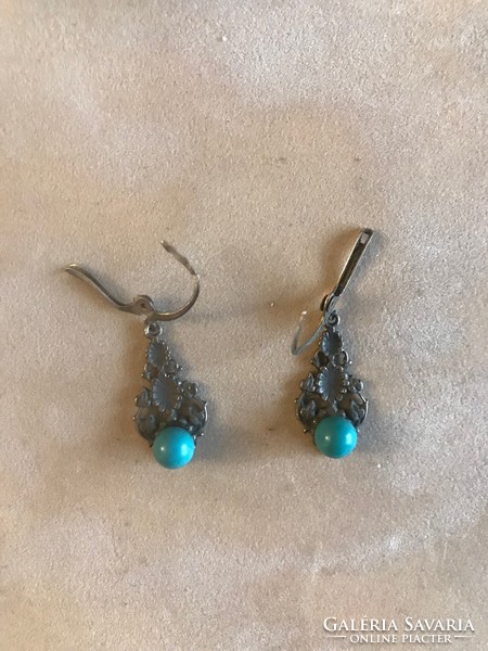 New! Custom-made, antique, silver, 925, marked, hanging, earrings. With turquoise stone. Length: 4 cm