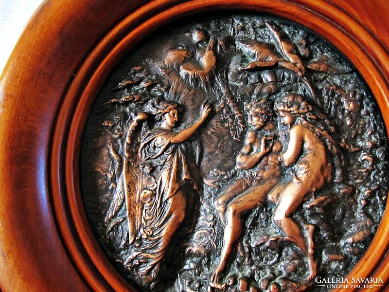 Antique copper relief wall picture, in a wooden frame