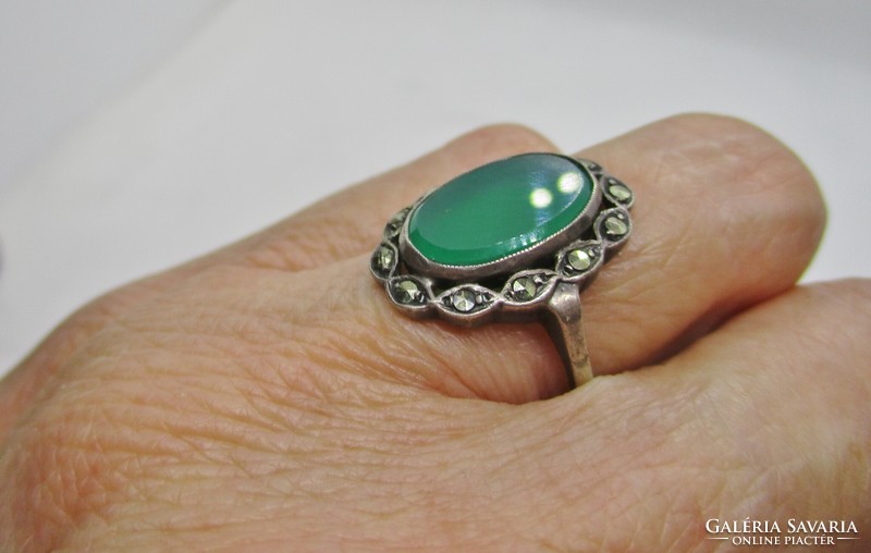 Nice old silver ring jade? And with marcasite stone
