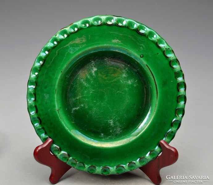 Old Balázs Badár green glazed wall plate, 24cm. Marked.