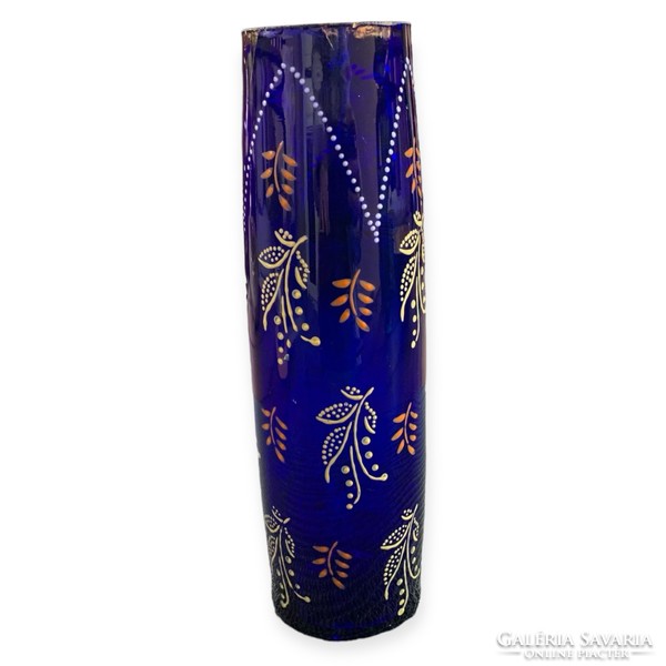 Rare antique parade cobalt blue glass vase with enamel painting