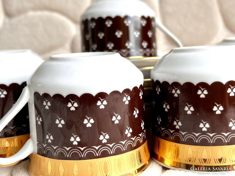 Barna arany lóhere mintás Cseh Bohemia 6 személyes porcelán kávés készlet hibátlan állapotban
