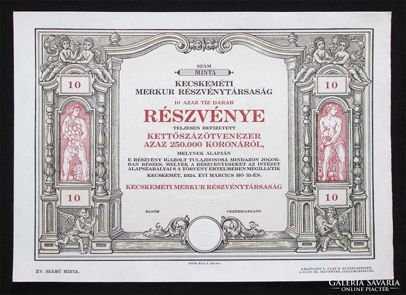 Kecskeméti Merkur Rt. részvény 250000 korona 1924 - bor, gyümölcs