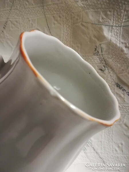 Zsolnay porcelain pot-bellied mug, with orange luster rim, flower bouquet pattern.
