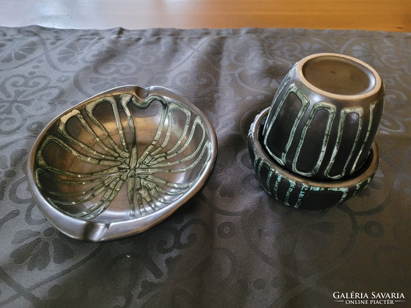 Industrial artist ceramic ashtray and candle holder set judged.