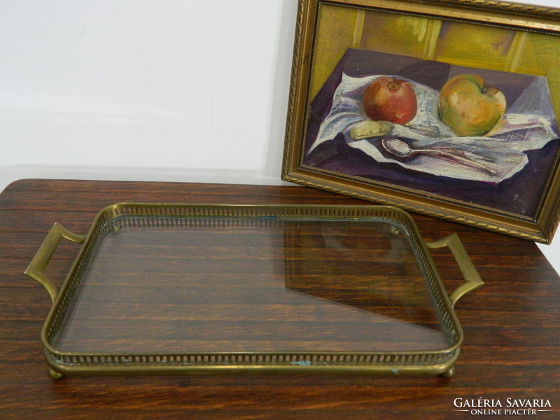 Antik szecessziós réz , üveg kínáló tálca / asztalközép