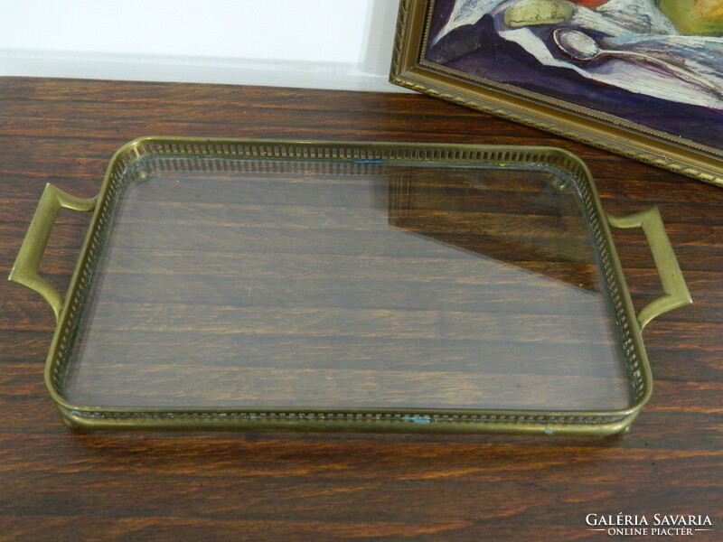 Antik szecessziós réz , üveg kínáló tálca / asztalközép