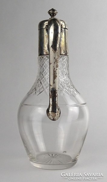 1R010 Régi csiszolt üveg asztali kiöntő ezüst felső résszel 18.5 cm