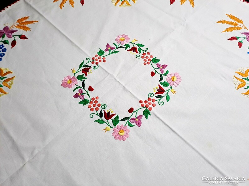 Old white linen tablecloth embroidered with a Kalocsa pattern, 86 x 86 cm