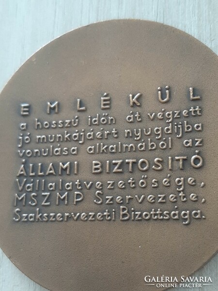 Állami Biztositó bronz emlékérem , plakett 6 cm