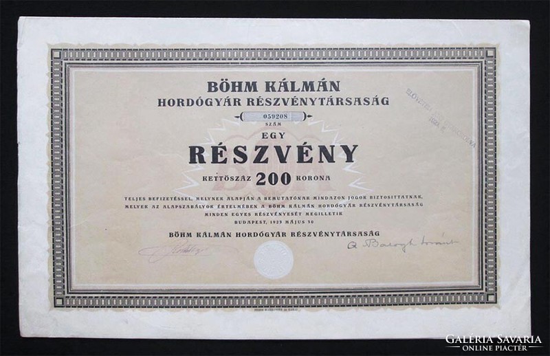 Kálmán Böhm barrel company share 200 crowns 1923