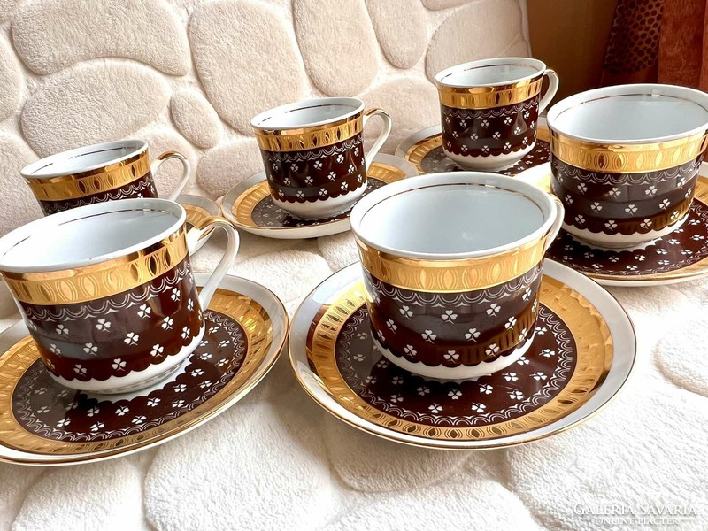 Barna arany lóhere mintás Cseh Bohemia 6 személyes porcelán kávés készlet hibátlan állapotban