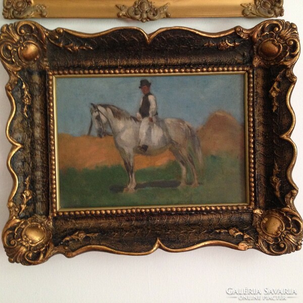 Béla Juzkó (1877-1969): on a horse, oil painting on cardboard framed 29x38 cm, signed