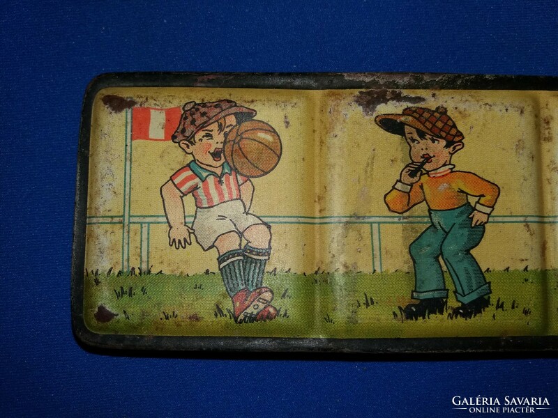 Antique sheet watercolor / watercolor metal box with cute soccer player children's drawings, condition according to the pictures
