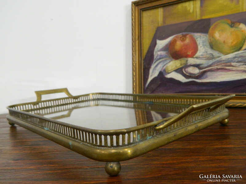 Antique art nouveau brass, glass serving tray / centerpiece