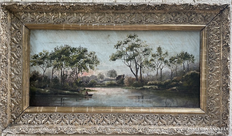 Antik festmény - “ Halászok” 1883 ból Margit szignóval laparanyozott keretben!