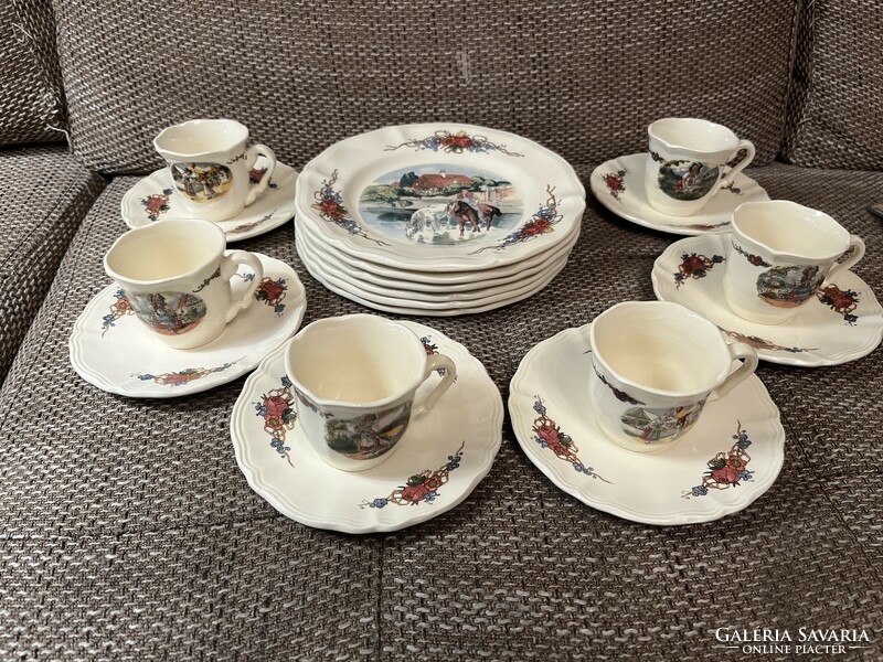 Sarreguemines, French, 6-person coffee set with dessert plates.