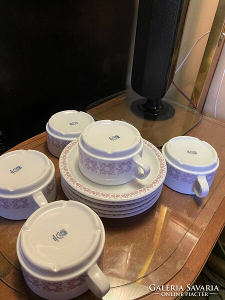 Alföldi purple patterned porcelain cappuccino / tea cups with coasters