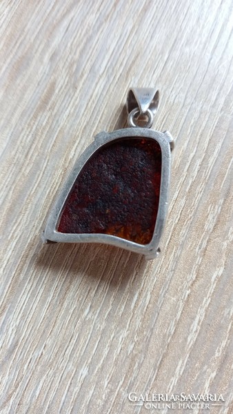 Large silver amber stone pendant