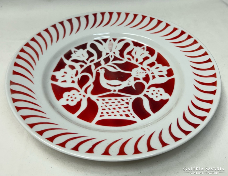 Hollóházi porcelán madaras és virágos tányér vagy falidísz 24 cm.
