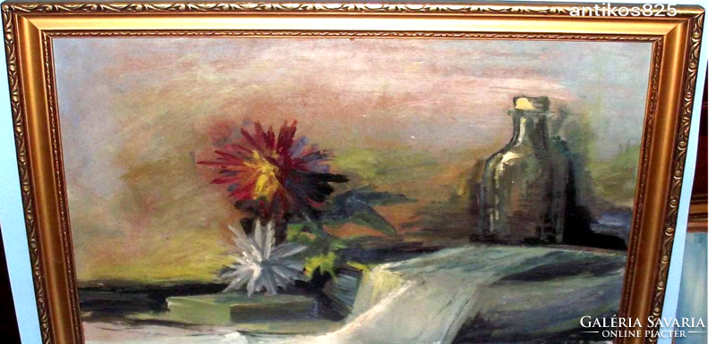 Table still life with flowers and bottle